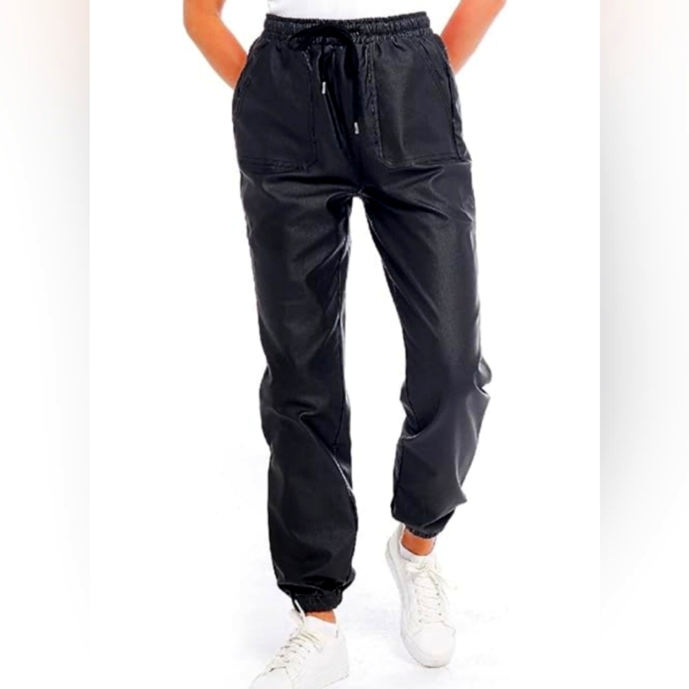 Black Faux Leather Joggers